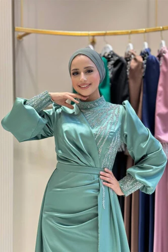 Taşlı Kuyruk Detay Abiye Elbise 7044 Mint - 4