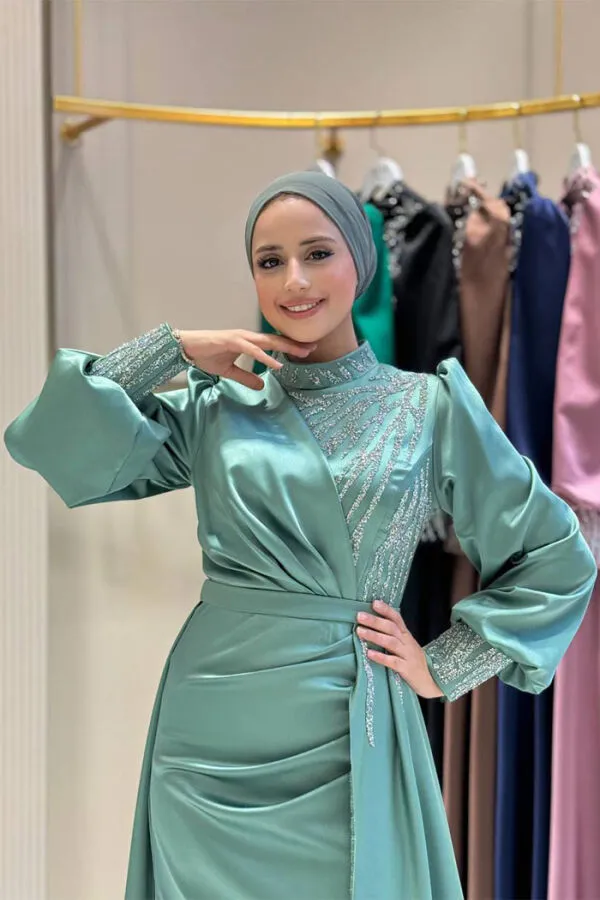 Taşlı Kuyruk Detay Abiye Elbise 7044 Mint - 4