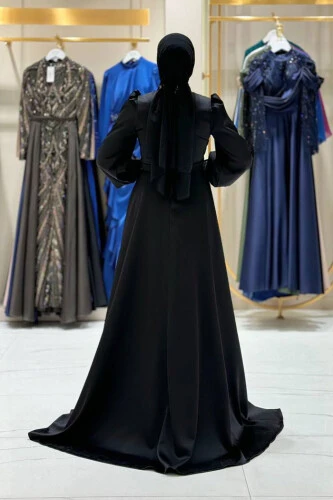 Taşlı Kuyruk Detay Abiye Elbise 7044 Siyah - Bym Fashion (1)