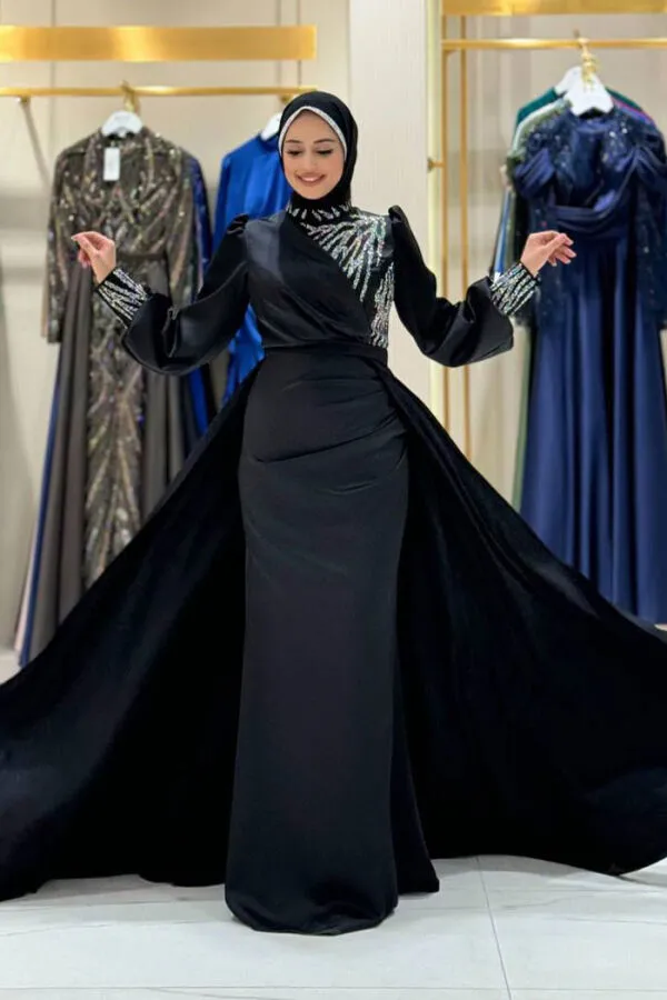 Taşlı Kuyruk Detay Abiye Elbise 7044 Siyah - 1