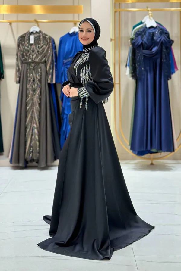 Taşlı Kuyruk Detay Abiye Elbise 7044 Siyah - 3