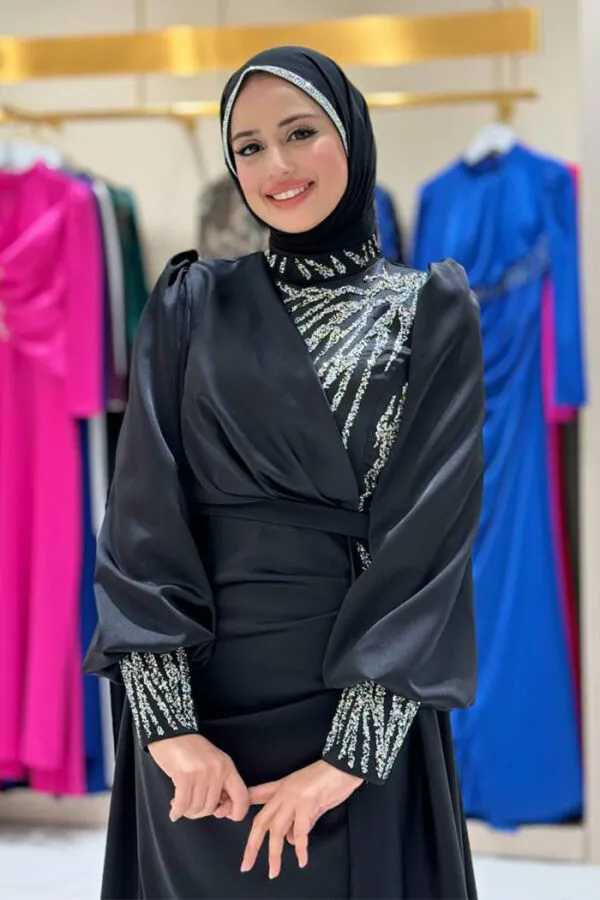 Taşlı Kuyruk Detay Abiye Elbise 7044 Siyah - 4