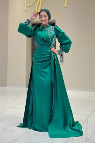 Taşlı Kuyruk Detay Abiye Elbise 7044 Zümrüt - 1