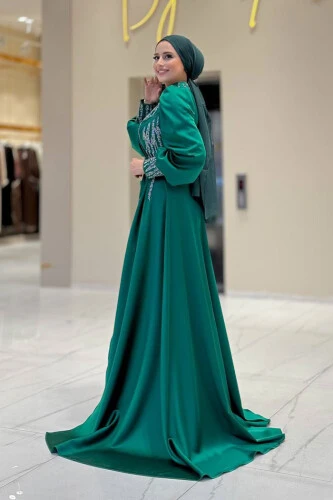 Taşlı Kuyruk Detay Abiye Elbise 7044 Zümrüt - 3