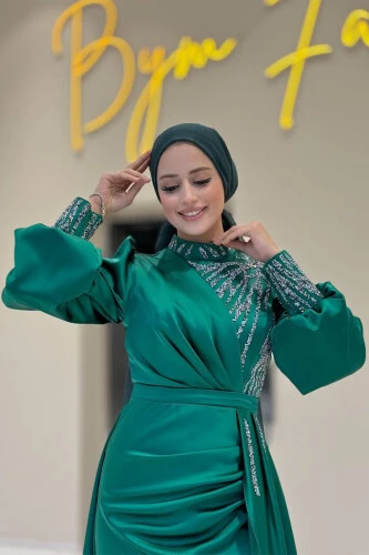 Taşlı Kuyruk Detay Abiye Elbise 7044 Zümrüt - 4