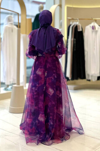 Kendinden Desenli Renkli Tül Abiye 7047 Fuşya - Bym Fashion (1)