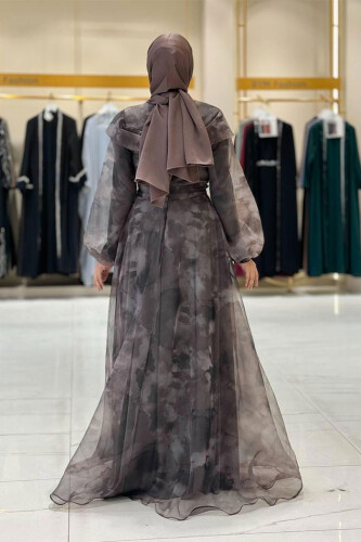 Kendinden Desenli Renkli Tül Abiye 7047 Gri - Bym Fashion (1)