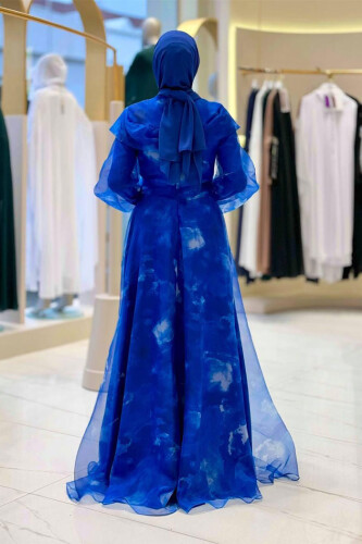 Kendinden Desenli Renkli Tül Abiye 7047 Saks - Bym Fashion (1)