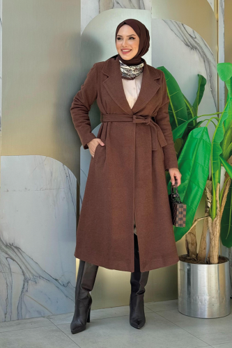 Bel Kuşaklı Astarlı Kaşe Kaban 7519 Kahverengi - 5
