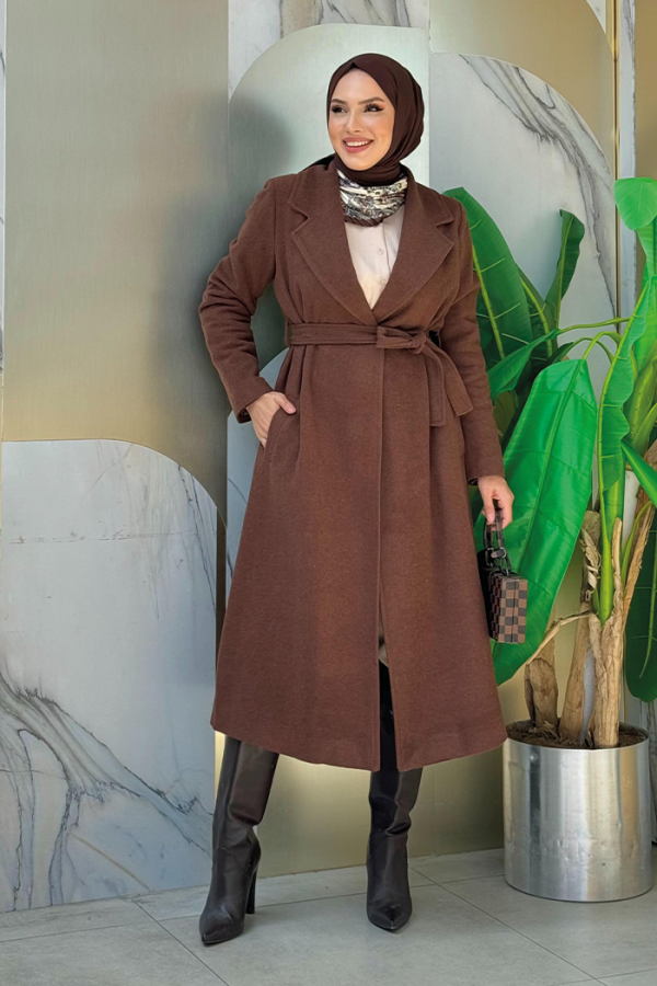 Bel Kuşaklı Astarlı Kaşe Kaban 7519 Kahverengi - 5