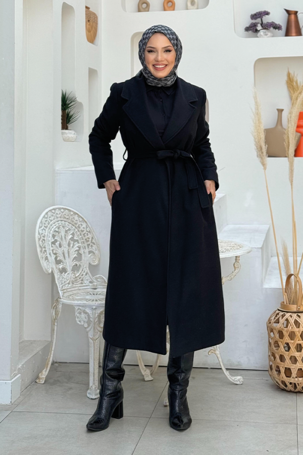 Bel Kuşaklı Astarlı Kaşe Kaban 7519 Siyah - 5