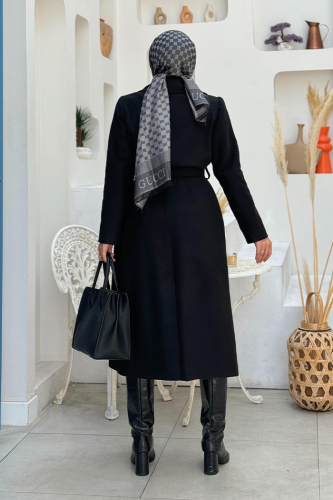 Bel Kuşaklı Astarlı Kaşe Kaban 7519 Siyah - 6