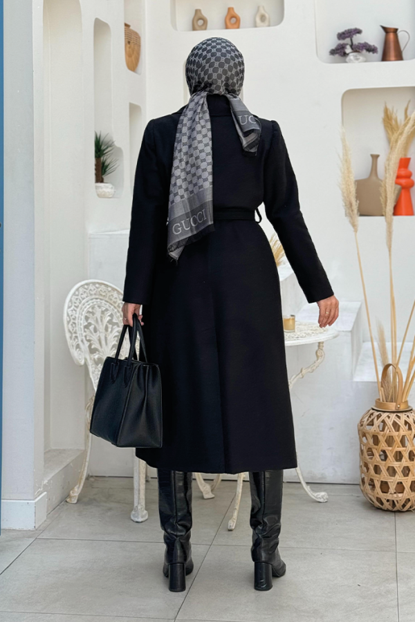 Bel Kuşaklı Astarlı Kaşe Kaban 7519 Siyah - 6
