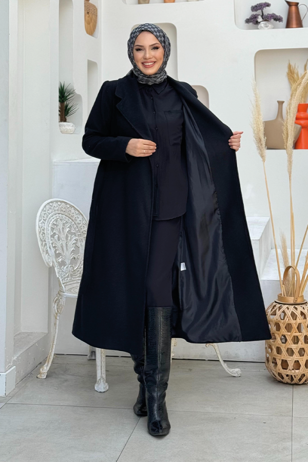 Bel Kuşaklı Astarlı Kaşe Kaban 7519 Siyah - 7