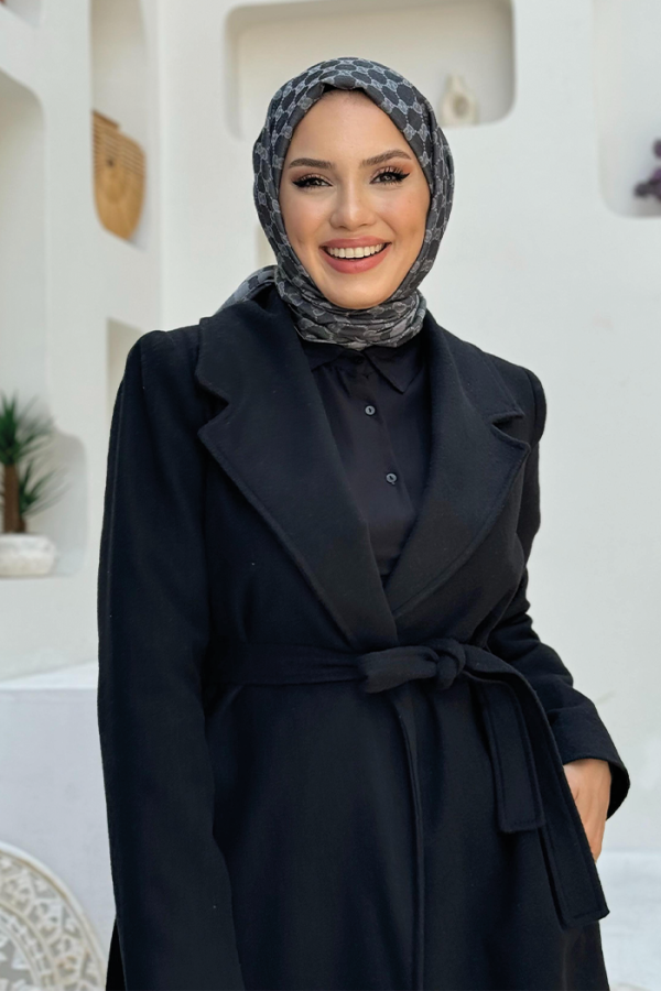 Bel Kuşaklı Astarlı Kaşe Kaban 7519 Siyah - 8