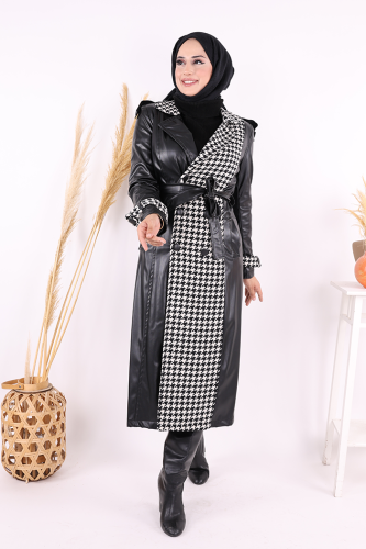 Ön Düğmeli Kuşaklı Ekose Deri Kap 7530 Siyah - 5