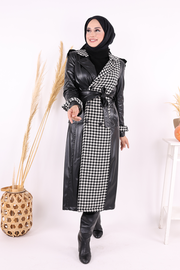 Ön Düğmeli Kuşaklı Ekose Deri Kap 7530 Siyah - 5