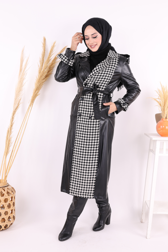 Ön Düğmeli Kuşaklı Ekose Deri Kap 7530 Siyah - 6