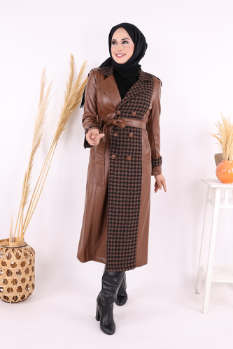 Ön Düğmeli Kuşaklı Ekose Deri Kap 7530 Taba - 5