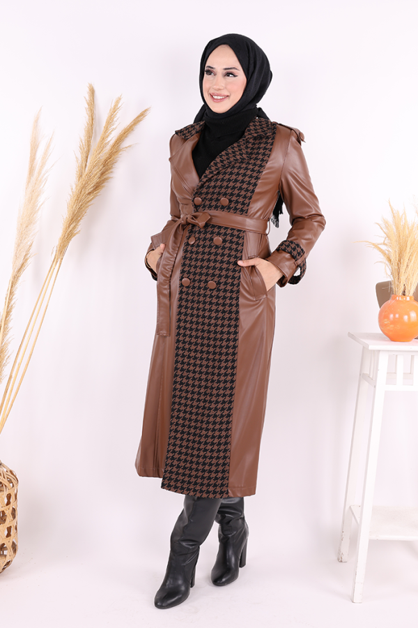 Ön Düğmeli Kuşaklı Ekose Deri Kap 7530 Taba - 6