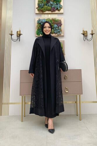 Yakalı Dantel Güpür Detay Abaya 7830 Siyah - 1