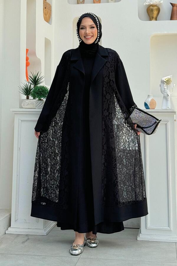Yakalı Dantel Güpür Detay Abaya 7830 Siyah - 5