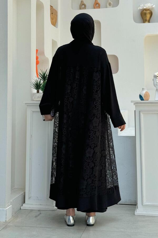 Yakalı Dantel Güpür Detay Abaya 7830 Siyah - 6