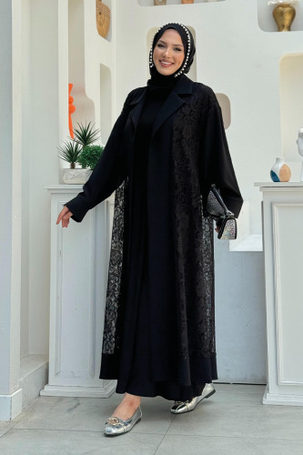 Yakalı Dantel Güpür Detay Abaya 7830 Siyah - 7