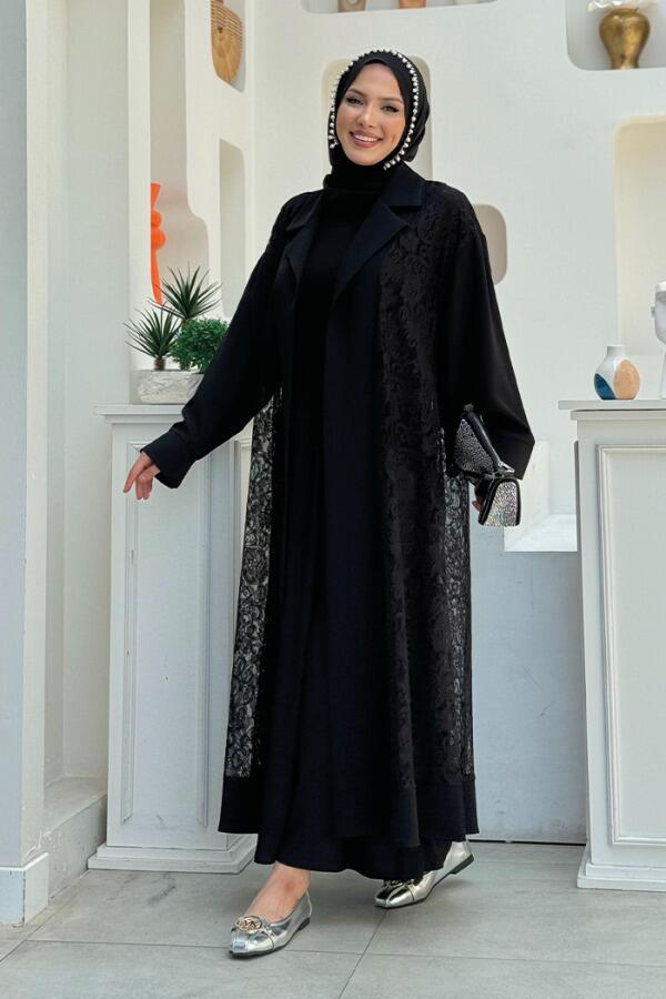 Yakalı Dantel Güpür Detay Abaya 7830 Siyah - 7