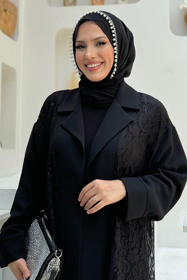 Yakalı Dantel Güpür Detay Abaya 7830 Siyah - 8