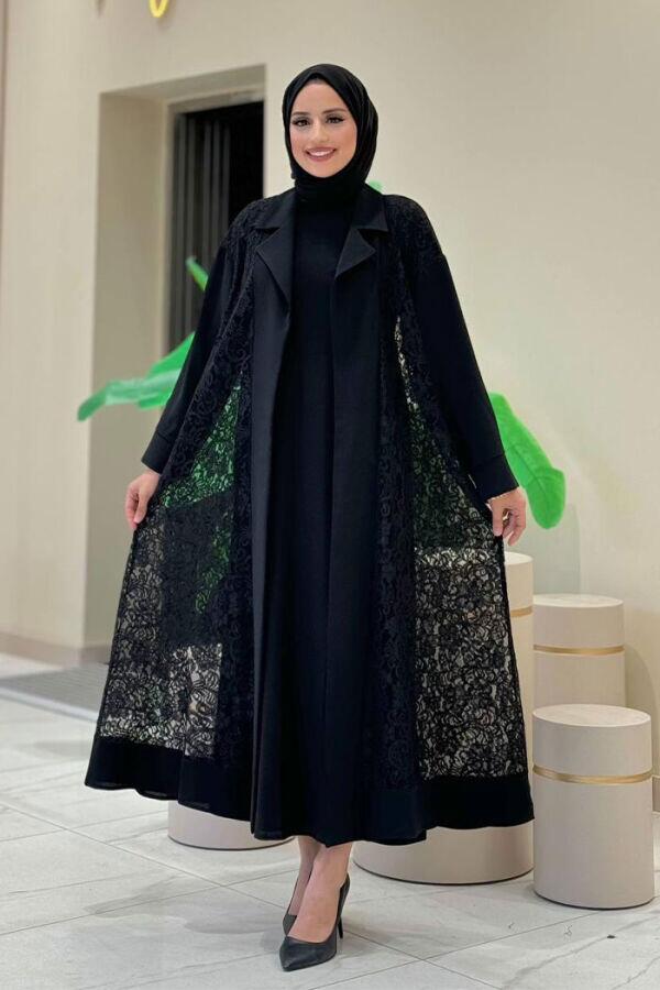 Yakalı Dantel Güpür Detay Abaya 7830 Siyah - 9