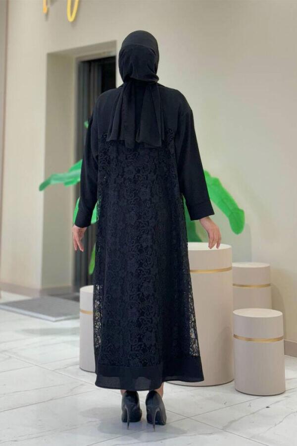 Yakalı Dantel Güpür Detay Abaya 7830 Siyah - 10