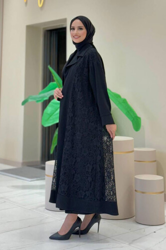 Yakalı Dantel Güpür Detay Abaya 7830 Siyah - 11