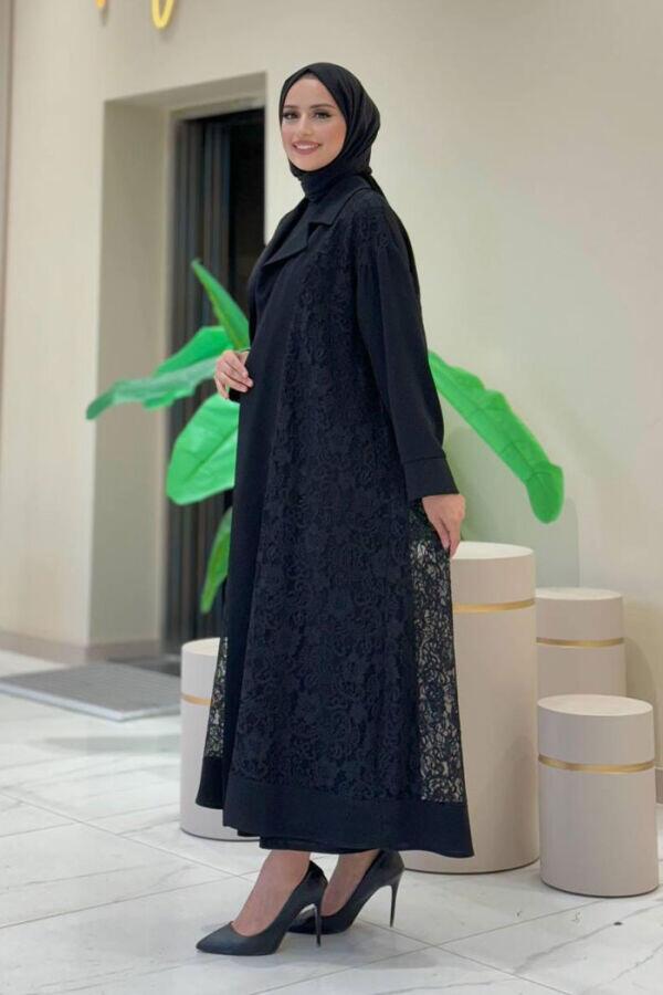 Yakalı Dantel Güpür Detay Abaya 7830 Siyah - 11