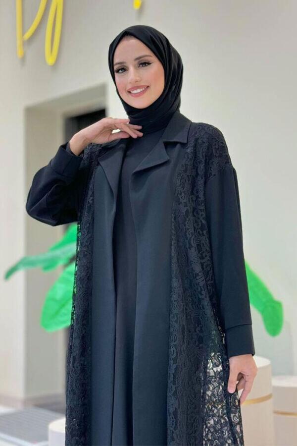 Yakalı Dantel Güpür Detay Abaya 7830 Siyah - 12
