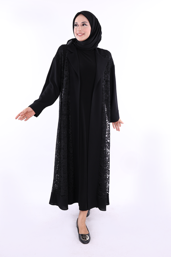 Yakalı Dantel Güpür Detay Abaya 7830 Siyah - 1