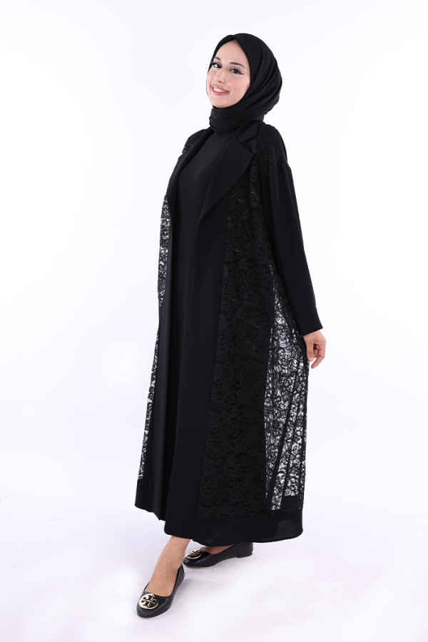 Yakalı Dantel Güpür Detay Abaya 7830 Siyah - 2