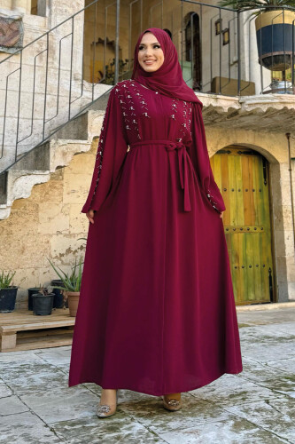Taşlı Boncuklu İşleme Detaylı Ferace 7882 Bordo - Bym Fashion (1)