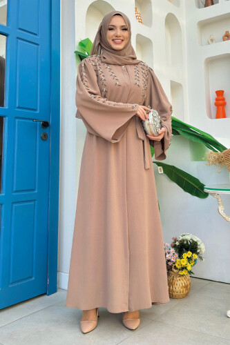 Taşlı Boncuklu İşleme Detaylı Ferace 7882 Vizon - Bym Fashion