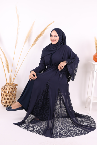 Dantel İşleme Detay Kuşaklı Şifon Abaya 7886 Lacivert - 5