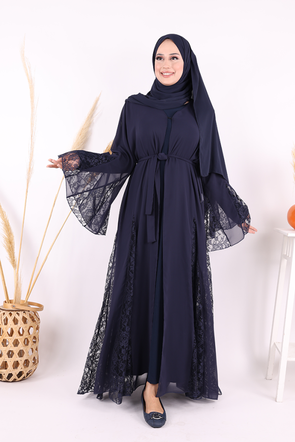 Dantel İşleme Detay Kuşaklı Şifon Abaya 7886 Lacivert - 6