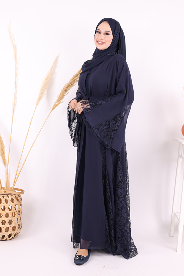 Dantel İşleme Detay Kuşaklı Şifon Abaya 7886 Lacivert - 7