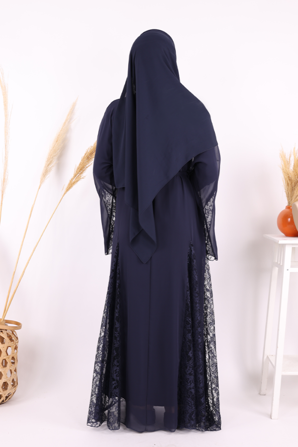 Dantel İşleme Detay Kuşaklı Şifon Abaya 7886 Lacivert - 8