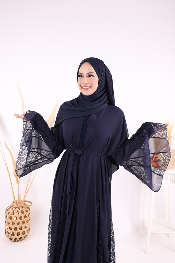Dantel İşleme Detay Kuşaklı Şifon Abaya 7886 Lacivert - 9