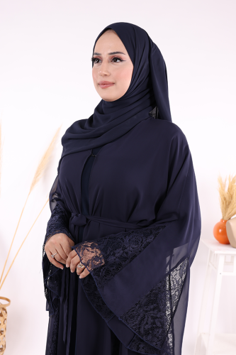 Dantel İşleme Detay Kuşaklı Şifon Abaya 7886 Lacivert - 10