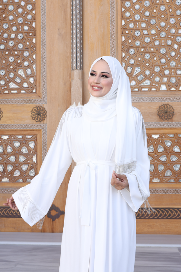 Zincir Püskül Detay Şallı Abaya 7887 Ekru - 8