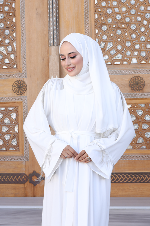 Zincir Püskül Detay Şallı Abaya 7887 Ekru - 9