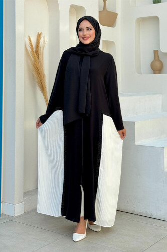 Pilise Taş Detay Fermuarlı Ferace 7892 Ekru - Bym Fashion