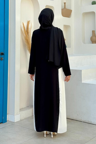 Pilise Taş Detay Fermuarlı Ferace 7892 Ekru - Bym Fashion (1)