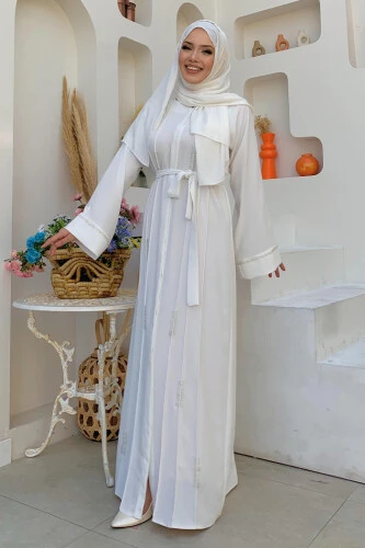 Boncuk İşlemeli Tam Boy Ferace 7894 Ekru - Bym Fashion (1)